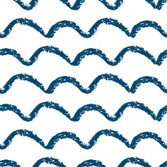 Seamless pattern with hand drawn blue wave markers stripes isolated on white background. Minimalistic design. Vector illustration.