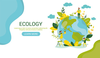Ecology concept. People take care about planet ecology. Protect nature and ecology banner. Earth day Globe with trees plants and volunteer. Vector illustration. Web template for internet sites headers - obrazy, fototapety, plakaty