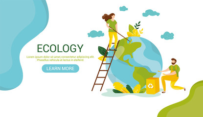 Ecology concept. People take care about planet ecology. Protect nature and ecology banner. Earth day Globe with trees plants and volunteer. Vector illustration. Web template for internet sites headers