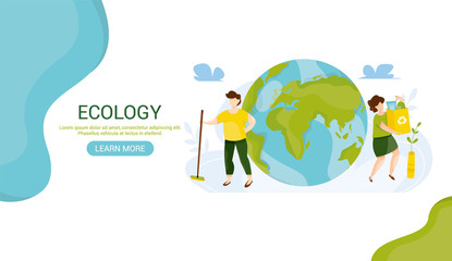 Ecology concept. People take care about planet ecology. Protect nature and ecology banner. Earth day Globe with trees plants and volunteer. Vector illustration. Web template for internet sites headers