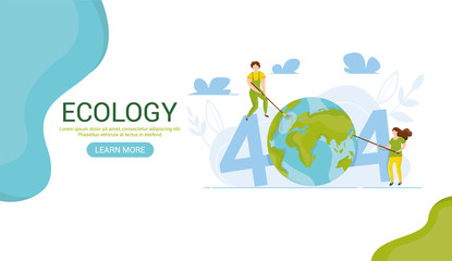 Ecology concept. People take care about planet ecology. Protect nature and ecology banner. Earth day Globe with trees plants and volunteer. Vector illustration. Web template for internet sites headers