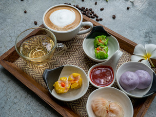 Dim Sum menu set served with dipping sauce Tea and coffee set