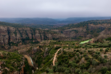 A picturesque landscape view of the valley of Rio Vero (Alquézar, Huesca, Spain) in the Spanish...
