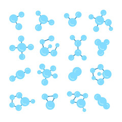 Various molecular model icons set isolated on white background. Group of atoms bonded together, chemical compound, physics, organic chemistry, biochemistry element. Flat style vector illustration.