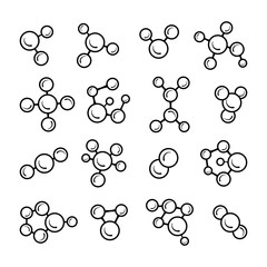Various molecular model line icons set isolated on white background. Group of atoms bonded together, chemical compound, physics, organic chemistry, biochemistry element. Outline vector illustration.