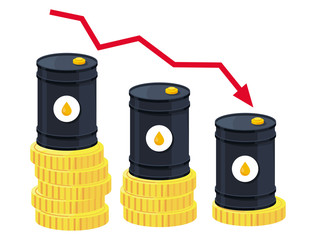 Oil price drop. Falling barrels. illustration of oil companies crisis vector. Petroleum industry concept.