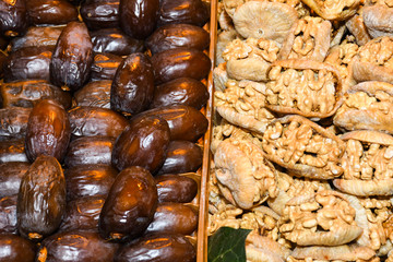 Counter with various dried fruits on the Grand Bazaar in Istanbul, Turkey
