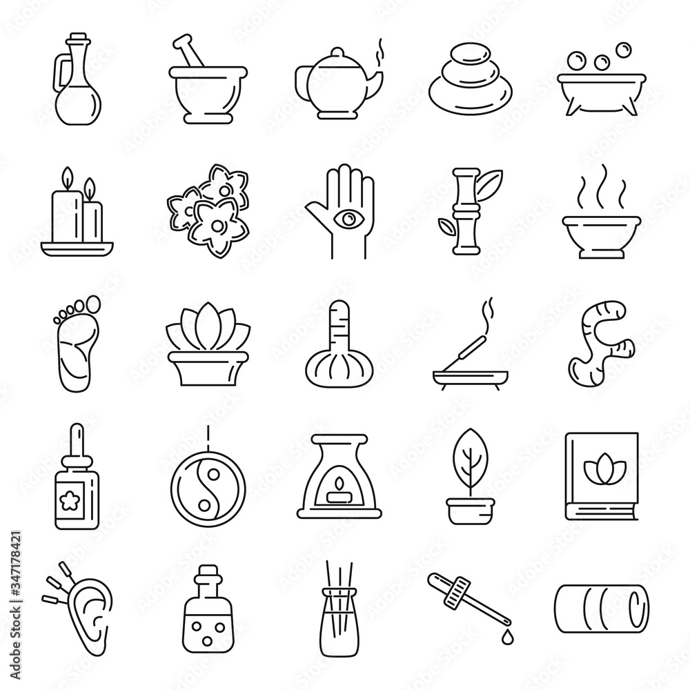 Poster ayurveda icons set. outline set of ayurveda vector icons for web design isolated on white background