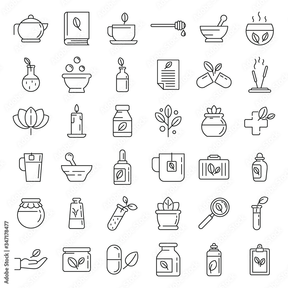 Poster phytotherapy icons set. outline set of phytotherapy vector icons for web design isolated on white ba