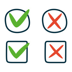 Vector illustration of approved and rejected icon isolated on white background. Tick and cross check marks.