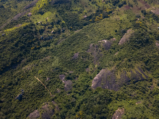 Aerial drone photography of a tropical landscape, with forest and mountains Kumbira forest reserve,
