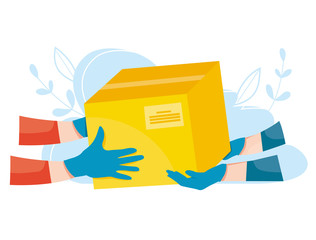 Package delivery in medical latex gloves. Fast express delivery during the epidemic. Safe delivery of parcel. Vector illustration.