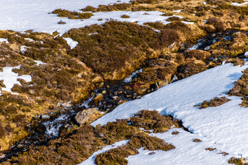 A picturesque view of a mountain stream with water running down fast in the snow covered French Pyrenees mountain range in winter