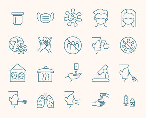 Flu and coronavirus icons set. Collection of linear simple web icons such as hygiene, disinfection, symptoms, treatment, virus, prevention and other.