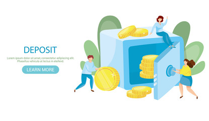 Banking deposit vector illustration. Money Savings concept. Bank safe with coins inside. Cash protection. Finance saving banner. Money investment. Bank cell vector illustration. Web site banner Header