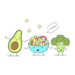 Cute hand drawn set with Funny Cartoon food. Vector kawaii food. avocado, broccoli.