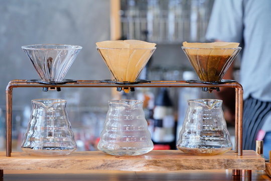 a drip brewing, filtered coffee in a coffee shop.