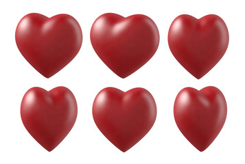 3d rendering in 6 sets of hearts, heart shape in different rotation, red hot sexy color, Valentine’s Day.