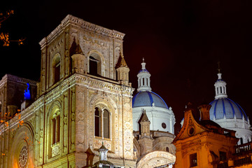 Obraz premium Cathedral of la Inmaculada Concepción, in downtown Cuenca, UNESCO World heritage site, Ecuador, at night.