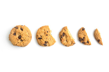 homemade chocolate chips cookies on white background in top view