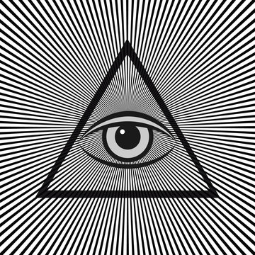 Masonic symbol The all-seeing eye inside the pyramid triangle icon. Vector illustration on a white background.