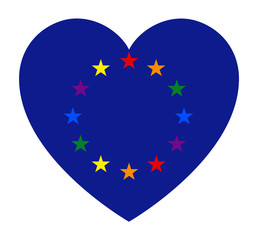 European Union LGBT pride flag, in heart shape icon on white background, vector illustration