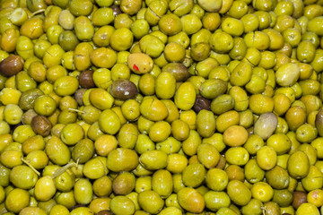 Turkish olives different mix for sale in Grand Bazaar, Egyptian outdoor market. Fresh produce