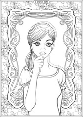 Woman portrait in front of a window and slogan, tag stay at home. Coloring page for the adult coloring book. Outline hand drawing vector illustration..