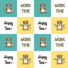 Seamless pattern with cute raccoon work time, happy time vector illustration