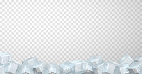 Border of ice cubes on transparent background. Bottom edging consisting of blocks of frozen water. - obrazy, fototapety, plakaty