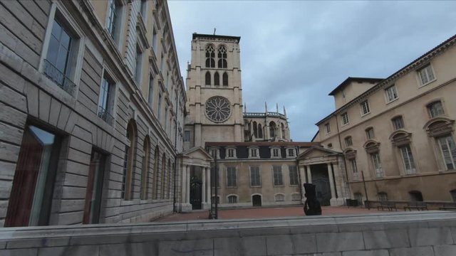 The Lyon Cathedral (Cathedrale Saint-Jean-Baptiste de Lyon) and the 5th Library, Saint John Episcopal Palace (Biblioth&egrave;que du 5e, Palais Saint-Jean), France.