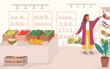 Young woman buys food in a supermarket vector illustration in flat style. Shopping at the store. The purchase of healthy foods, fruits and vegetables. Hand drawn vector illustration.