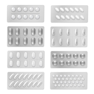 Set of medical blister pack for different shape medicaments realistic mockup, template.