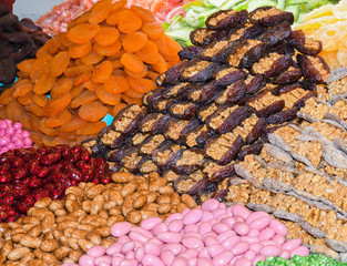 Counter with various dried fruits on the Grand Bazaar in Istanbul, Turkey
