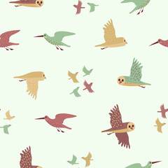 Owl, Sandpiper and Little birds seamless pattern. Color vector background.