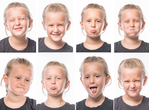 Collage of portraits of a European beautiful girl. A child with blond hair. Different emotions in the photo. A girl puffs out her cheeks, shows her tongue, screws up her eyes. Disobedient child.
