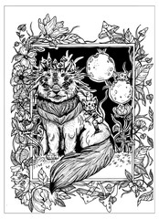 Obraz premium Magic forest cat, fairytale creature with a large beautiful fluffy tail and breast, with mushrooms growing on the head, with eyes and mustache, sit with mice among plants and flowers under the moons.