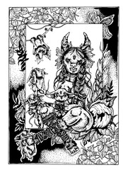 Fantasy character, amazon girl with horns and braids, with pointed ears and big lips, with earrings in fur boots sitting on a leaves with small fairytale cute kids gremlins among plants and flowers.