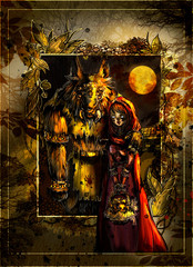 Horror characters, Little red riding hood holding basket of skulls and scary, gray Wolf with sharp fangs, big ears and eyes holding her by the shoulder, stand under the moon in terrible, dark forest.
