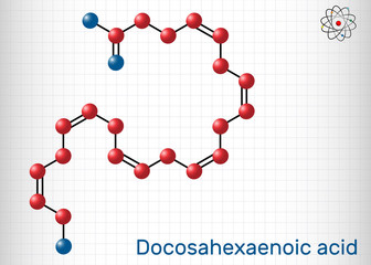 Docosahexaenoic acid, DHA, doconexent, cervonic acid molecule. It is omega-3 fatty acid. Sheet of paper in a cage