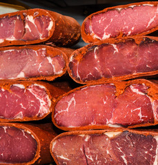 Turkish pastrami slices, turkish air dried meat. Peppered roast beef pastrami