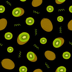 Seamless pattern with kiwi and sliced pieces. Stock vector illustration. Colorful tropical fruits on black background. For creative modern designs of backgrounds, cards, prints, packaging, textile.