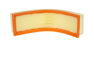 Isolate. The yellow-orange car air filter on a white background. Spare parts for vehicle maintenance.