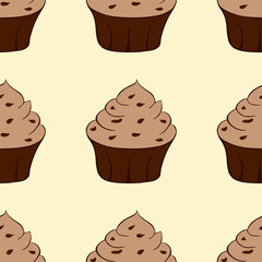 Tasty chocolate cupcakes isolated on yellow backgroud. Sweet dessert seamless pattern. Vector illustration