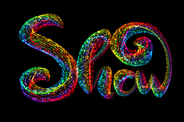 Show word text logo made by colorful confetti parcles, beautiful typography suitable for brochure banner design isolated on black background