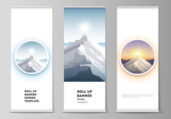 The vector illustration layout of roll up banner stands, vertical flyers, flags design business templates. Mountain illustration, outdoor adventure. Travel concept background. Flat design vector.