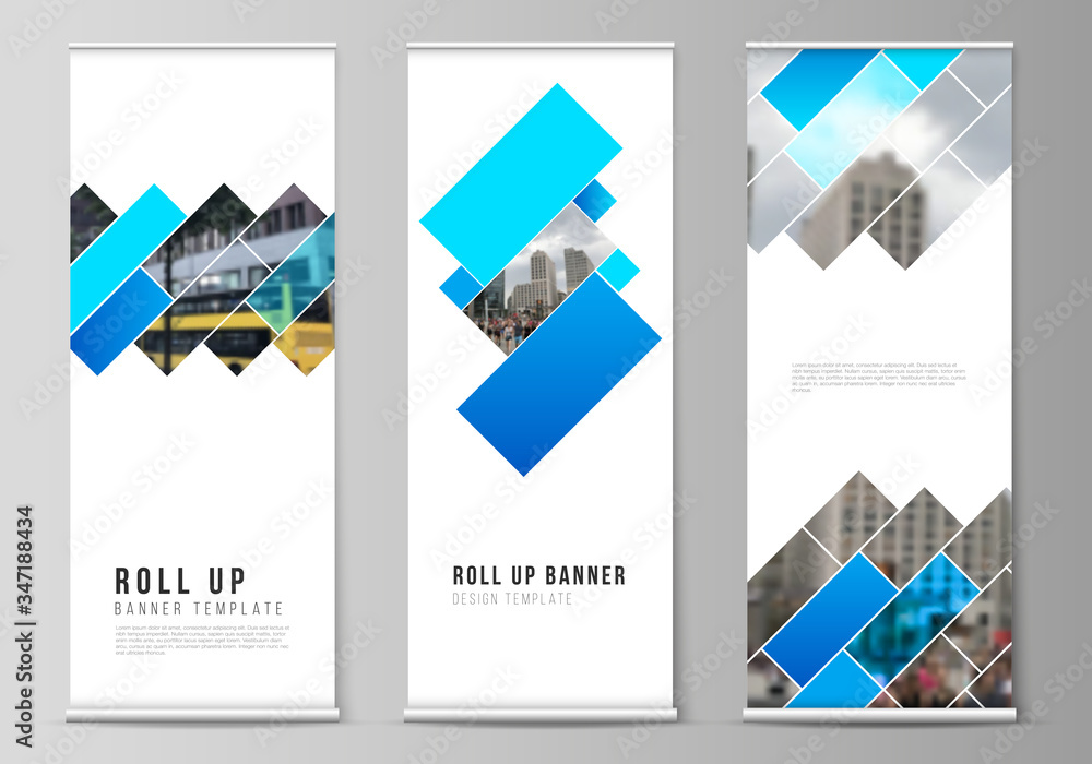 Poster the vector illustration of the editable layout of roll up banner stands, vertical flyers, flags desi