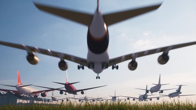 Many airplanes take-off at the same time