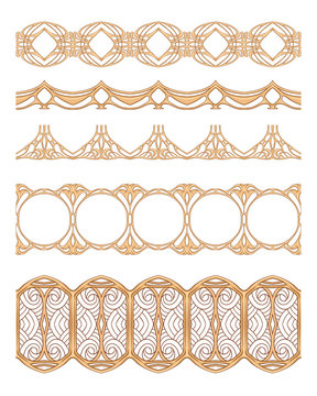 Set of seamless borders in art nouveau style, vintage, old, retro style. Wood carving imitation. Isolated on white background..