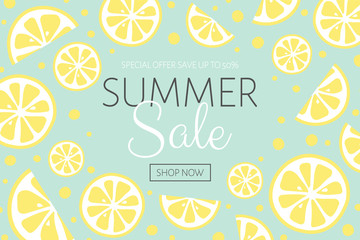 Summer Sale poster with juicy lemons. Vector